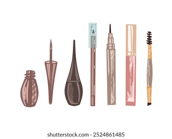 A set of flat style  sketches of cosmetics, beauty, self-care elements. Illustration for beauty salon, cosmetic store, makeup design. Engraved image.	