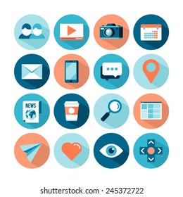 set of flat style social media icons, vector illustration