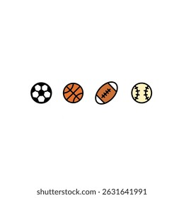 A set of flat style sports ball icons including soccer, basketball, American football, and baseball. Perfect for apps, websites, and sports-related designs