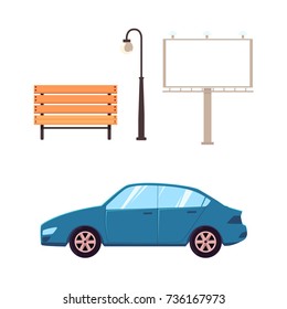 Set of flat style street objects - car, wooden bench, lantern and billboard, vector illustration isolated on white background. Flat style car, automobile, bench, lamp and billboard, set of elements
