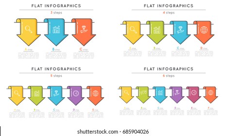 Set of flat style timeline infographic templates with arrows. Thin line business presentation concept. Expanded stroke.