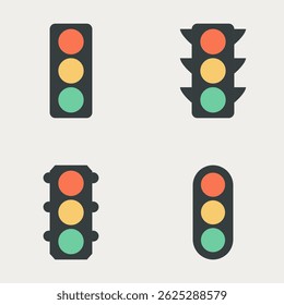 Set of flat style traffic light illustrations with red yellow green signals in modern rounded and sharp designs