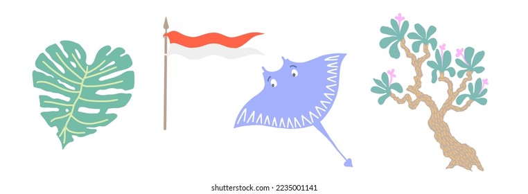 set of flat style tropical symbols -indonesia flag, monstera leaf, stingray and tree vector illustration collection