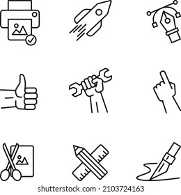 Un conjunto de iconos tipográficos de estilo plano para web y móvil. Contiene iconos de impresión, entrega, instalación, diseño vectorial, corte.