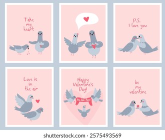 Set of flat style Valentine's Day illustrations featuring pigeons with romantic messages, hearts, and playful designs, perfect for greeting cards, love-themed projects, and festive decor.