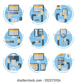 Set of Flat Style Vector Business Concept Illustrations. Human Hands with Electronic Devices in Workspace