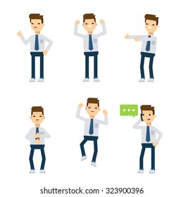 Set of flat style vector characters: office guy being happy.