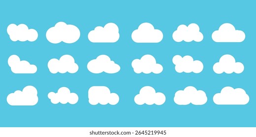 A set of flat style vector clouds on a blue background. Perfect for weather forecasts, sky designs, and other graphic projects. Vector illustration.