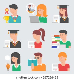 Set of flat style vector education icons. E-learning, online education, graduation, testing, student life