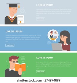 Set of flat style vector education banners. E-learning, graduation, reading books