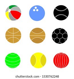 Set flat style vector icon of various balls. Isolated against a white background.