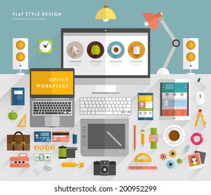 Set of Flat Style Vector Icons. Office Workplace Elements Concept for Business Design. Workflow Items, Office Things, Equipment and Objects. Developer or Designer Workspace