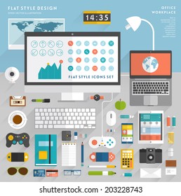 Set of Flat Style Vector Icons. Office Workplace Elements Concept for Business Design. Workflow Items, Office Things, Equipment and Objects. Developer or Designer Workspace. Green apple icon.