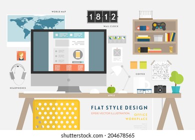 Set of Flat Style Vector Icons. Office Workplace Elements Concept for Business Design. Workflow Items, Office Things, Equipment and Objects. Developer or Designer Workspace