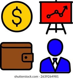 Set of flat style vector icons representing key business and finance concepts. Includes a dollar coin symbolizing money, a presentation chart showing growth, a wallet for personal finance, business.