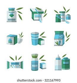Set of flat style vector icons in blue and green colors for baby food. Juice nd nectar, hypoallergenic mixture and infant formula, bars. Elements of web design for business and site.