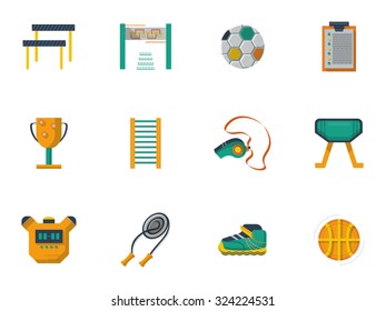 Set of flat style vector icons and signs for physical education and culture. Sport equipment for exercises and gym. School subjects, Elements of web design for business. 