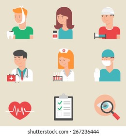 Set of flat style vector medicine icons. Doctors - physician, surgeon, nurse. Patients with toothache, allergy and injury. Medical equipment