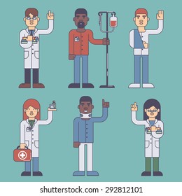 Set of flat style vector medicine icons. Doctors - physician, nurse. Patients with injury. 