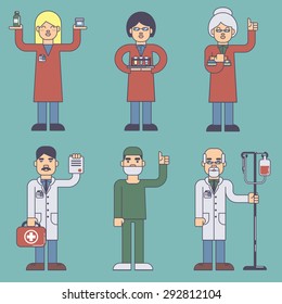 Set of flat style vector medicine icons. Doctors - physician, surgeon, nurse.