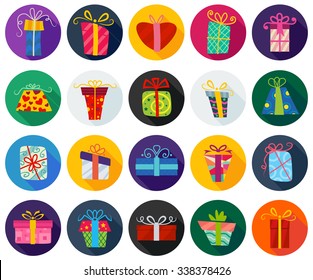 Set of flat styles gift box icons in different colors.