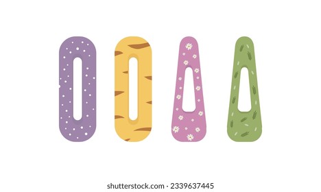 Set of flat stylish hairpins. Hair accessories in lilac, yellow, pink and green. The concept of female self-care, beauty salon, accessories store. Vector on white background eps 10.