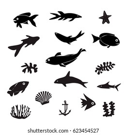 Set of flat stylized black icons marine life on the white background. Vector illustration.