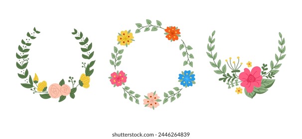 Set of flat stylized hand drawn floral wreaths. Holiday concept. Sketchy hand drawn abstract flowers and branches isolated on white background. Ideal for as template for greetings, banner, background