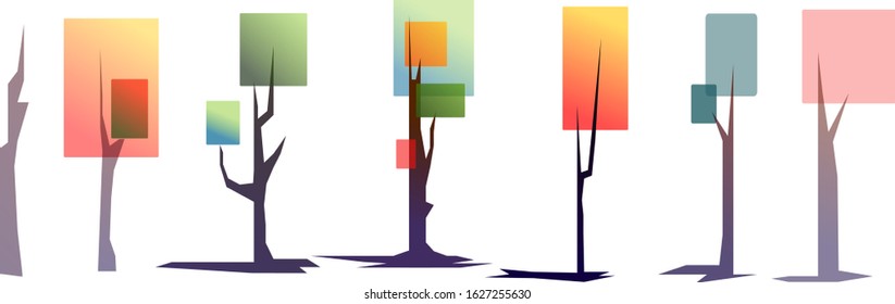 Set of flat stylized trees. Natural. Stock vector illustration. Square shaped trees