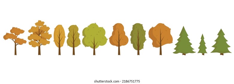 Conjunto de árboles estilizados planos. Ilustración vectorial natural. Vista lateral. 
colección de formas de árbol, ilustración vectorial simple