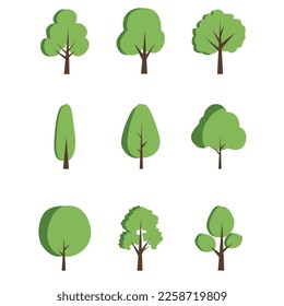 Set of flat stylized trees. Natural vector illustration. Side view. Vector illustration.