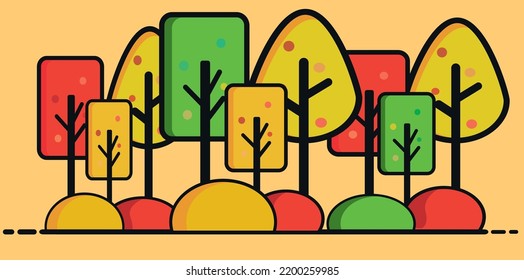 Set of flat stylized trees with thickets. Natural vector illustration. Side view. Summer autumn.