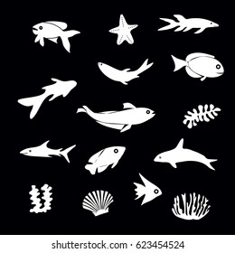 Set of flat stylized white icons marine life on the black background. Vector illustration.