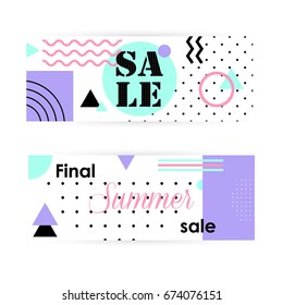 Set of flat summer banners for sale, shopping discounts and greeting cards. Memphis design. Simple design for flyers, cards, posters, vouchers and other printed materials.