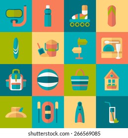 Set of flat summer icons with shadow