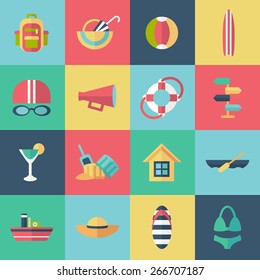 Set of flat summer icons with shadow