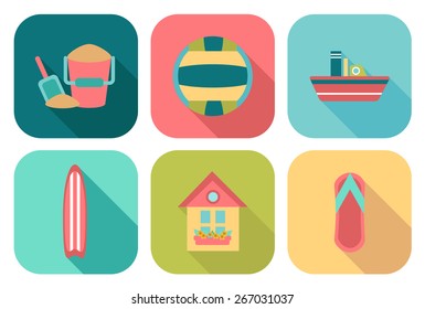 Set of flat summer icons with shadow