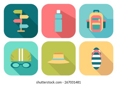Set of flat summer icons with shadow