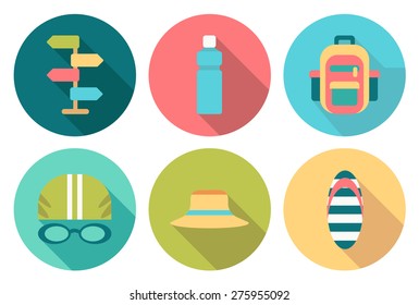 Set of flat summer icons with shadow