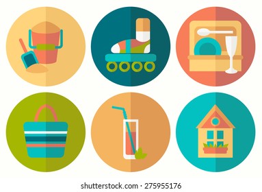 Set of flat summer icons with shadow