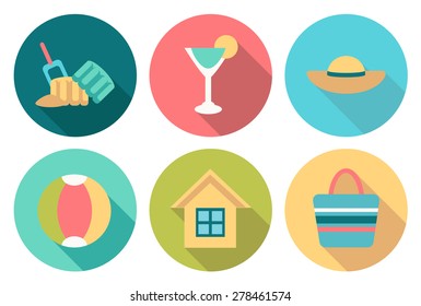 Set of flat summer icons with shadow