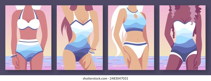 Set of flat summer posters with women figures in a swimsuit on beach background. Vector illustration