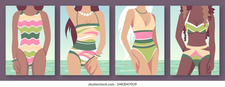 Set of flat summer posters with women figures in a swimsuit on beach background. Vector illustration