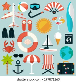 Set of flat summer rest icons. Traveling, tourism, vacation theme