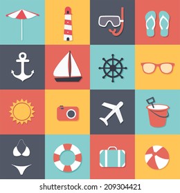 set of flat summer and travel icons