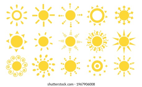 Set of flat sun icon for weather design. Summer symbol for web button, mobile app, website design on white background. For children greeting card.
