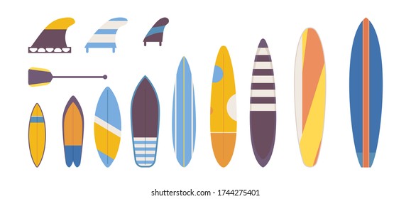 Set of flat surfboards for adults, children vector. Different types and  variations of shape, length and coloring