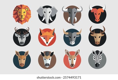 Set of Flat Symetrical Animal Head icons