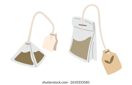 set of flat tea bags and pyramid. Green, black, triangular, rectangular, tea bags for brewing. bag with a label. It's time for tea. For hot drinks that can be brewed in water. Color light illustration