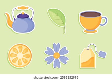 Set of flat tea stickers in cartoon style on green background. Collection of tea icons. Kettle, cup, leaf, lemon, tea bag, flower. Stikers with watercolor effect. Vector illustration.